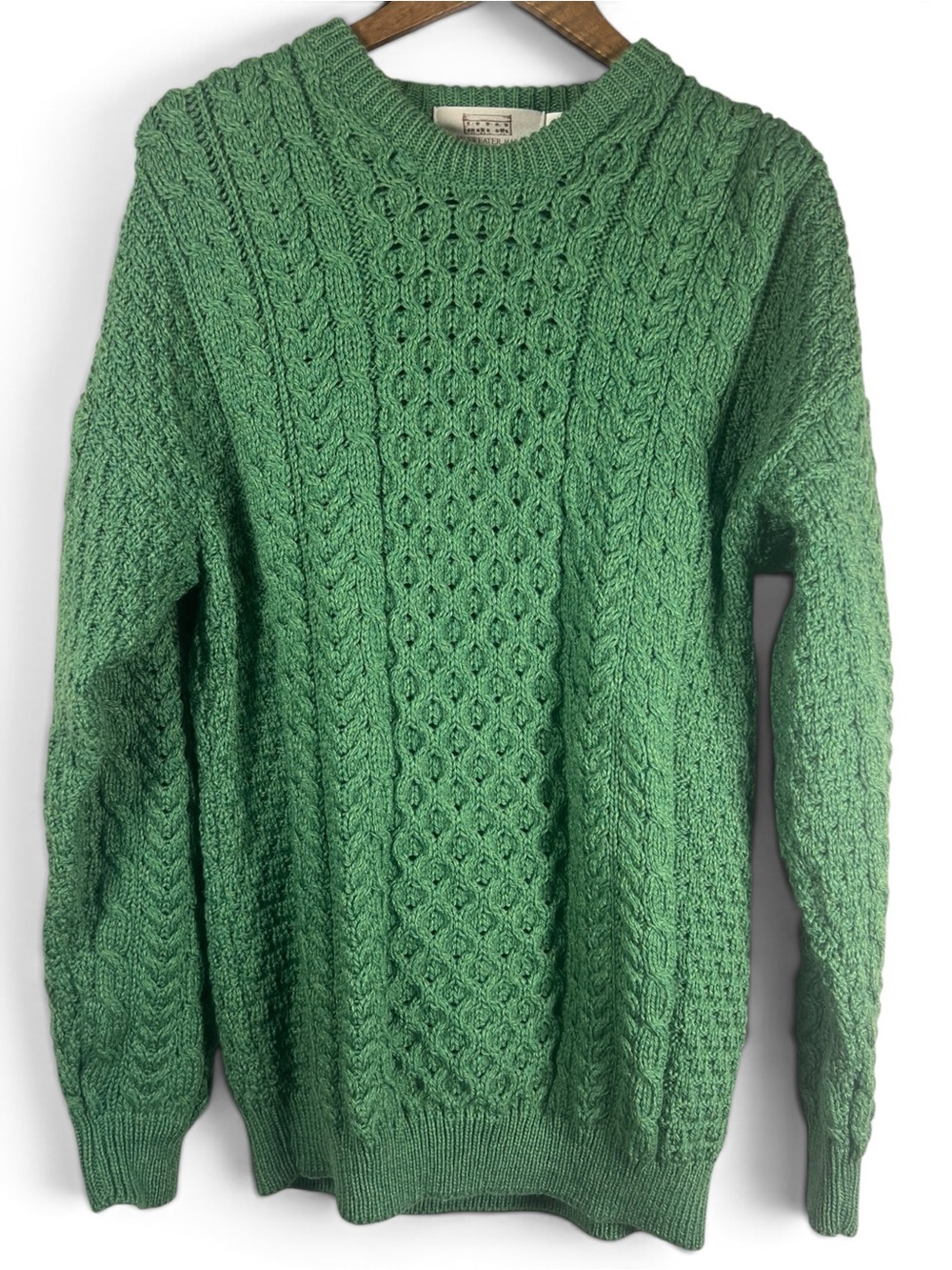 Aran Sweater Market Men L Green Merino Wool Cable Knit Ireland Fisherman Heavy